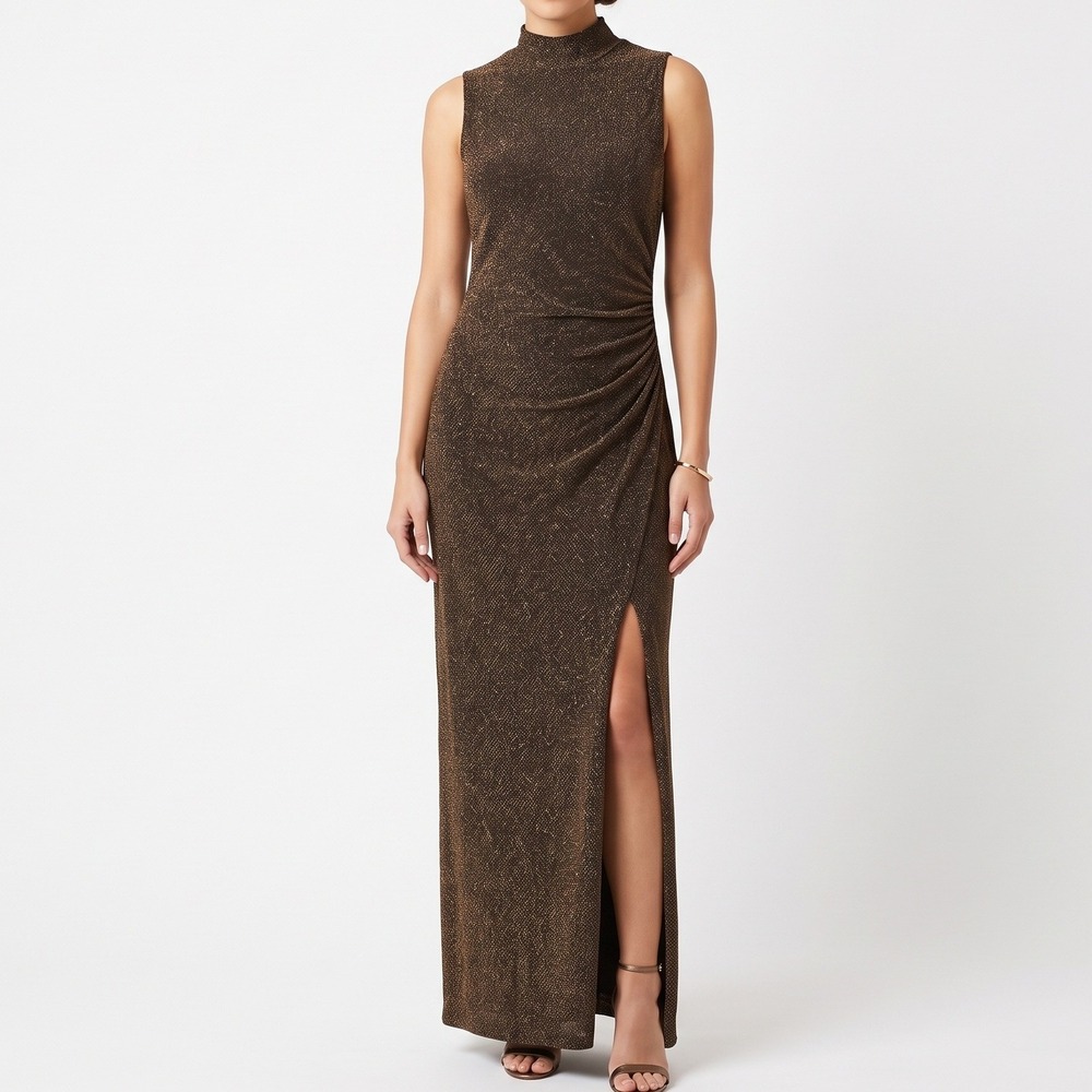 Lauren Ralph Lauren Evening Gown Dress 10 Ruched Mock Neck Bronze Metallic Slit